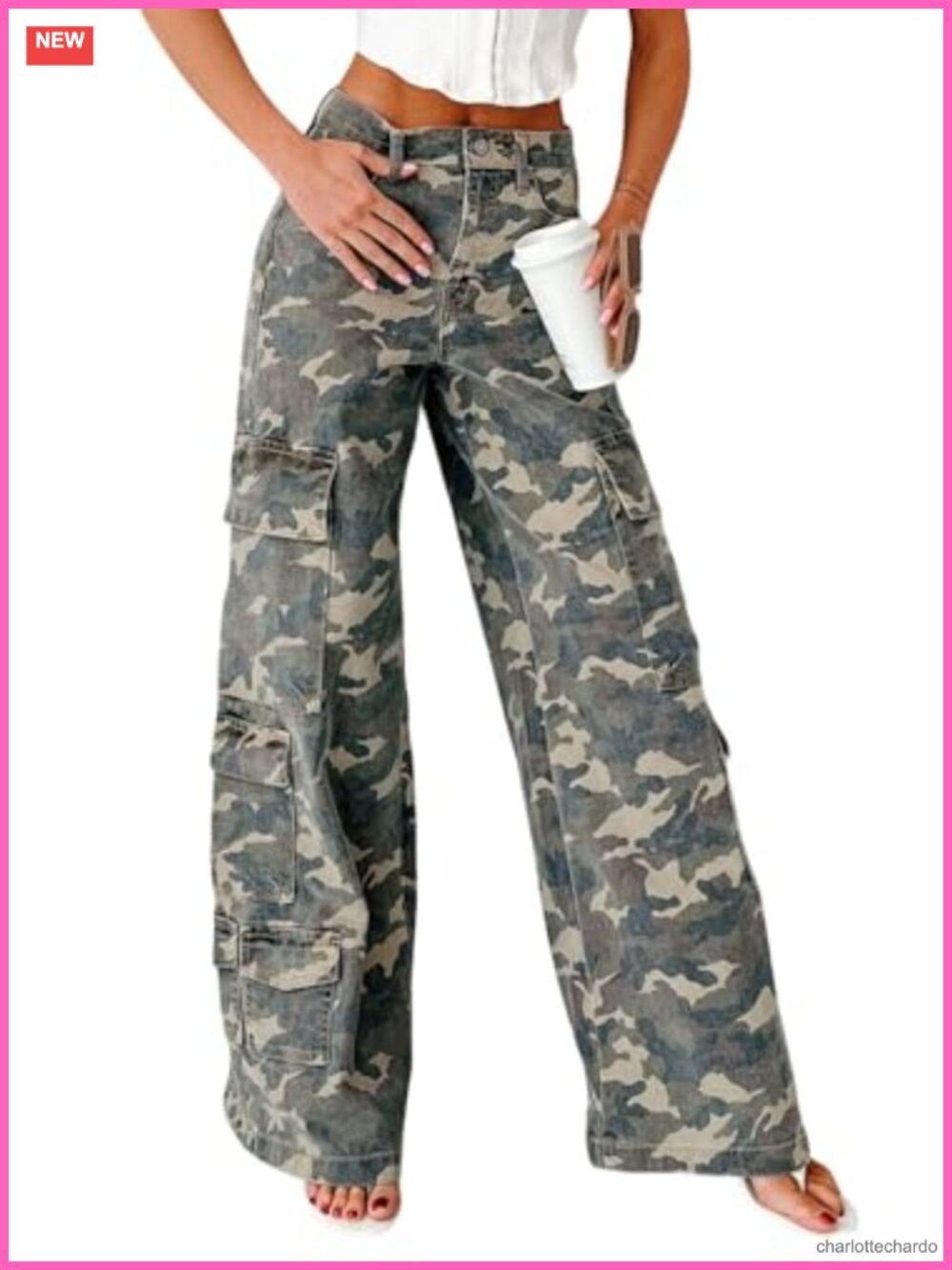 Wide Leg Camo Cargo Jeans Mid Rise Distressed Cotton Blend Pants